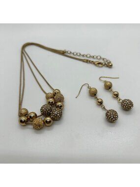 Gold Tone Necklace Earrings Set 2 Strand Statement Jewelry Metallic Ball Chunky